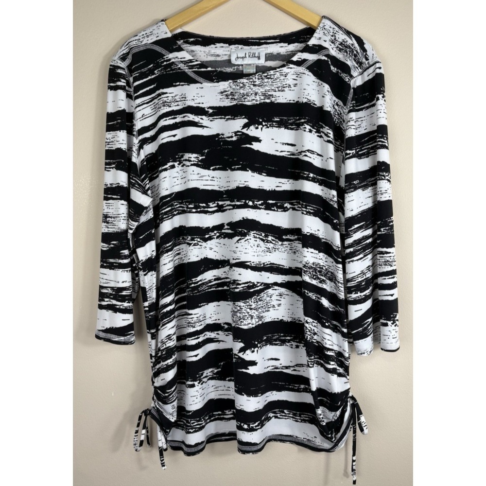 Joseph Ribkoff Black White Top Sz 18 XL Rouched Sides Liquid Knit Stretch